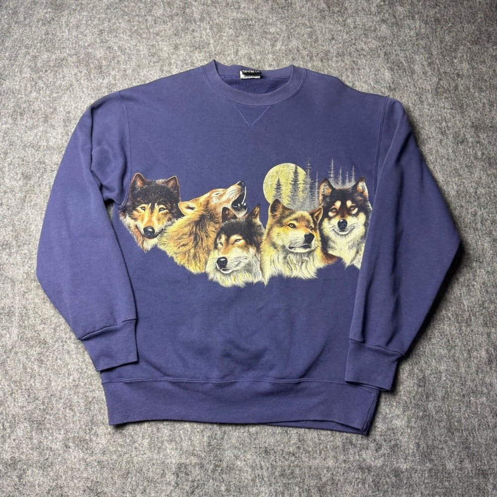Vintage 90s Wolf Crewneck Signal Sports Double Sided Graphic Wildlife Sweatshirt